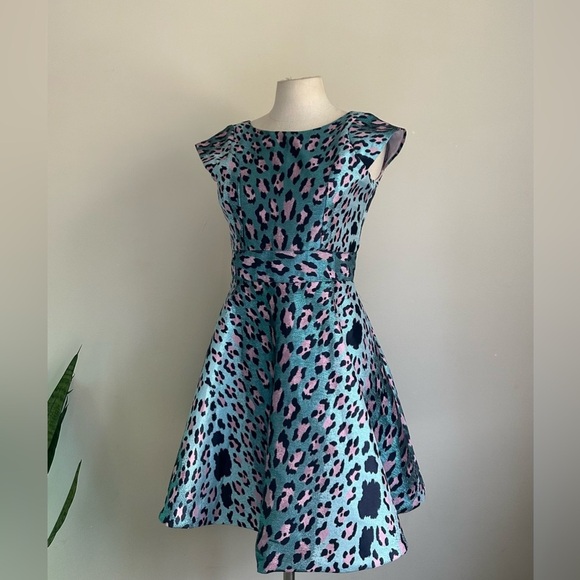 ZOE LTD Jacquard Turquoise METALLIC Leopard Print Girls Cheetah Dress New sz 16 - Picture 4 of 8